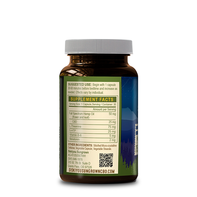 Siskiyou Sungrown CBD Hemp Sleep Capsules Bottle front view enhanced with sleep aids