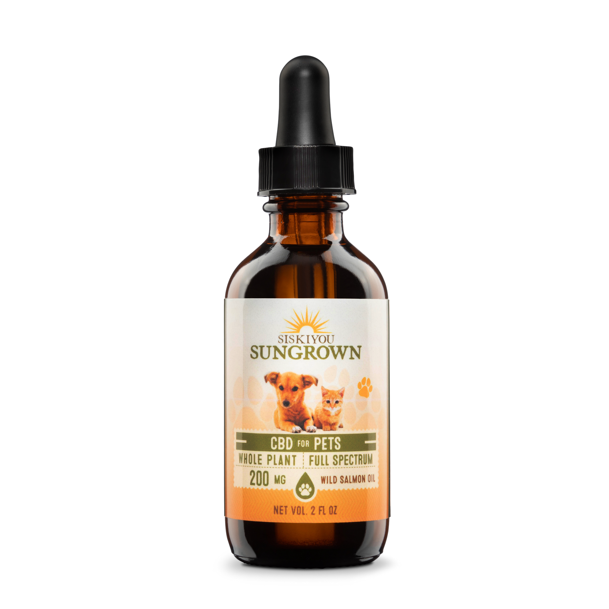 A bottle of CBD salmon oil for pets with a dropper, labeled with 200mg of CBD and an image of a dog and a cat.