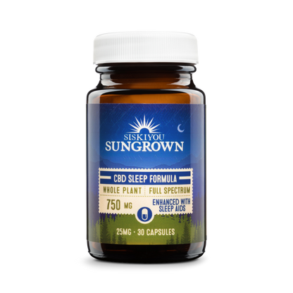 Siskiyou Sungrown CBD Hemp Sleep Capsules Bottle front view enhanced with sleep aids