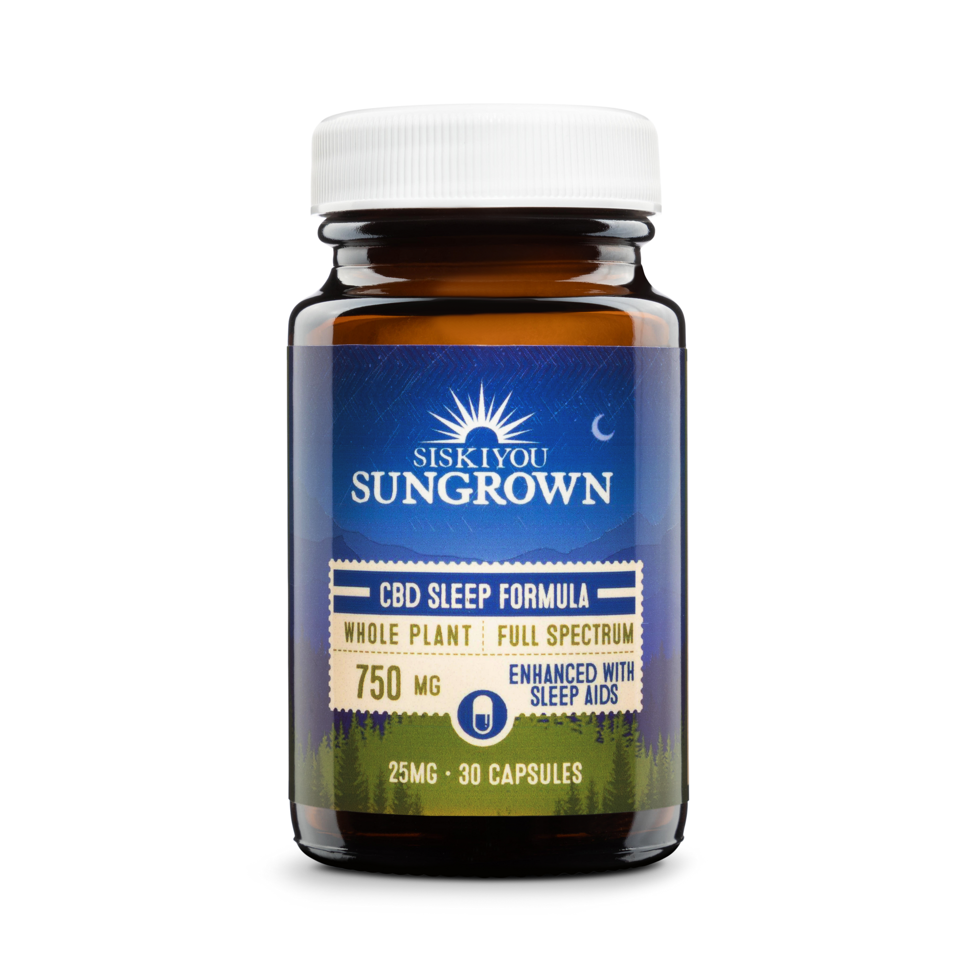 Siskiyou Sungrown CBD Hemp Sleep Capsules Bottle front view enhanced with sleep aids